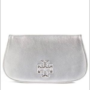 Tory Burch Britten Silver Metallic Leather Clutch